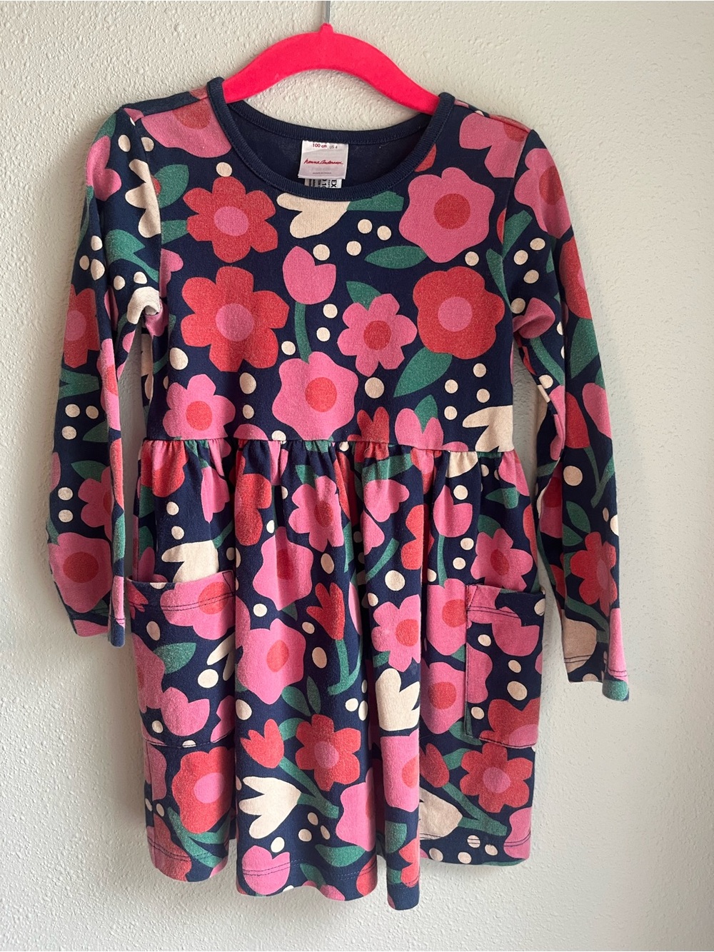Hanna Andersson 4T Floral Long-Sleeve Dress with Pink & Cream Flowers